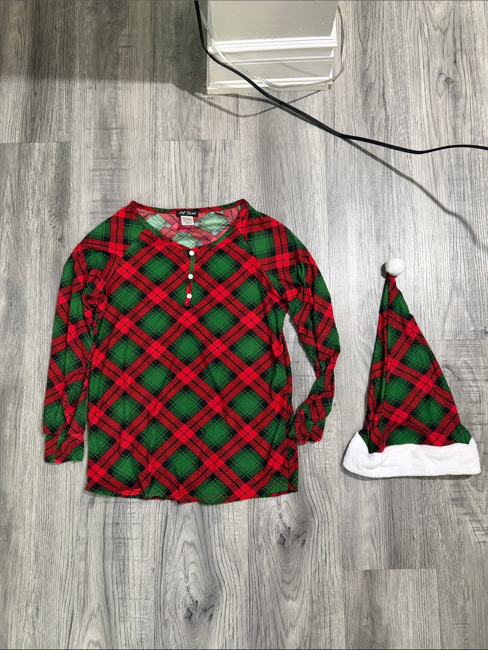 Fashion Nova Red and Green Plaid Henley Top with Matching Santa Hat